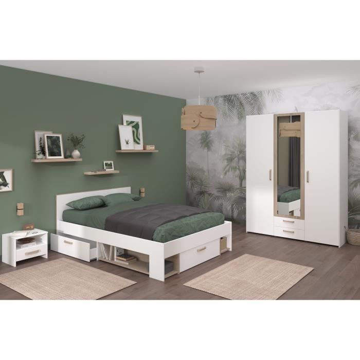 Complete slaapkamerinrichting voor volwassenen - DREAM - bed van 140x190/200 cm + 2 nachtkastjes + kledingkast - Decor in wit en eikenhout - PARISOT