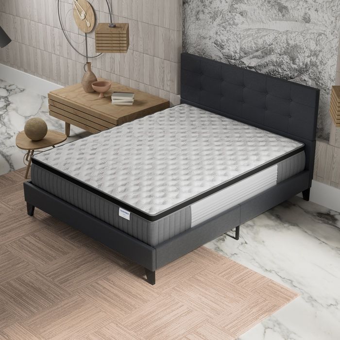 Colchón y cama (140x200cm) - Elekctra 30cm Muelles ensacados y espuma viscoelástica + Base de láminas y cabecero tapizados en negro