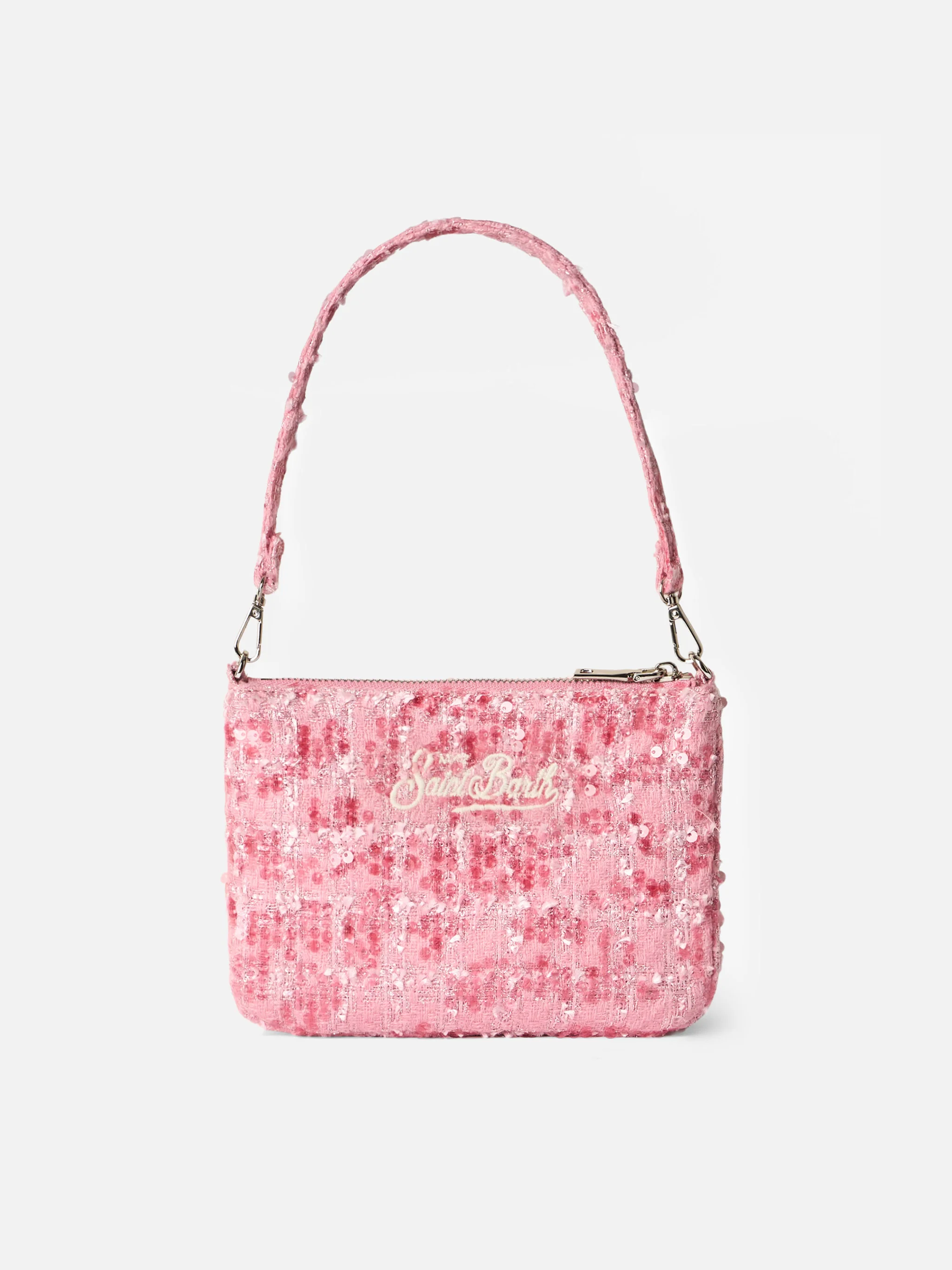 Mini-Pariser-Pouch | Rosa Tweedstoff | Abnehmbare, braune, lederähnliche Handgelenk- und Schulterriemen | Saint Barth Logo-Stickerei | MC2 Saint Barth