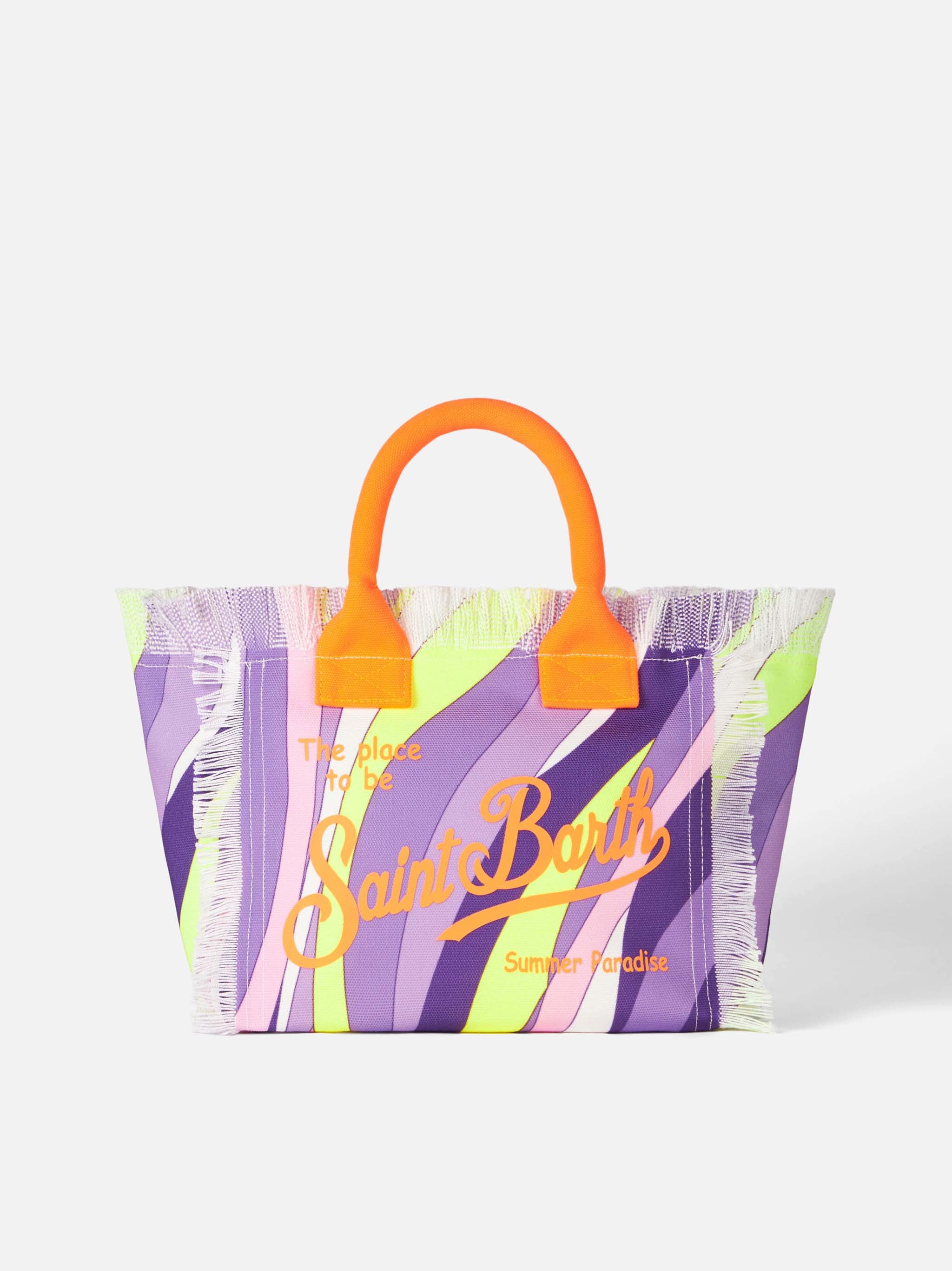 Colette Multicolor Canvas Fringed Handbag with Waves All-Over Print, Saint Barth Logo, Inner Flap with Metal Zip, Inside Pocket | MC2 Saint Barth