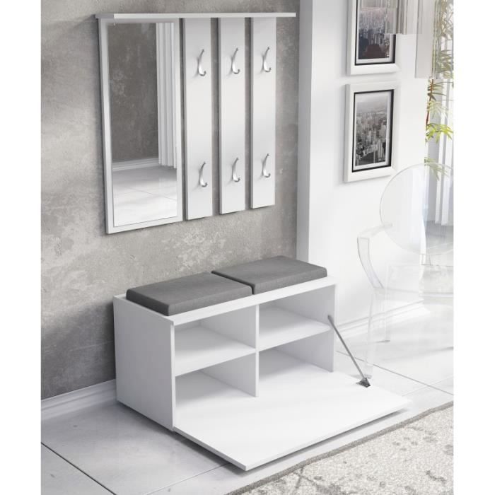 KATHI - Hallway furniture with mirror and bench - Dimensions 41x85x180 cm - Shoe storage bench - 6 hooks - Coat rack