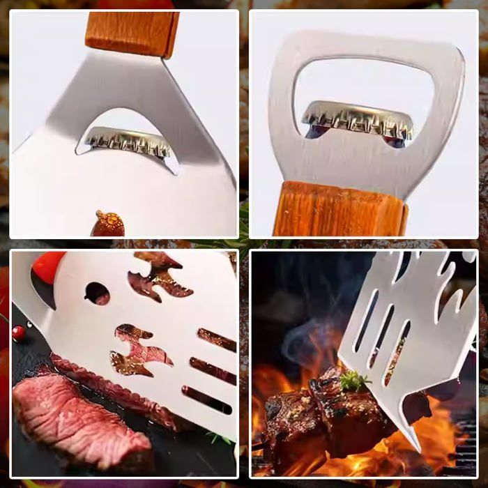 Juego de accesorios para barbacoa de 4 piezas: pinzas, cuchillo, tenedor, sierra, mango de madera, regalo del Día del Padre para papá