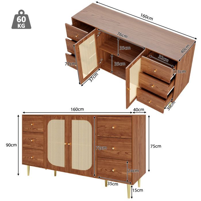 Credenza in vimini, mobile contenitore con cassetti, credenza da soggiorno, marrone, doppia anta, sei cassetti, 160×40×90 cm, grande capacità.