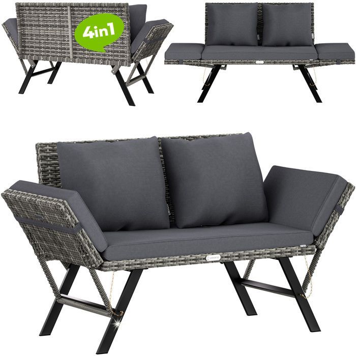 Banco de jardín CASARIA® 2 en 1 gris con función de chaise longue ajustable, ratán sintético, para exteriores, jardín, patio, balcón.