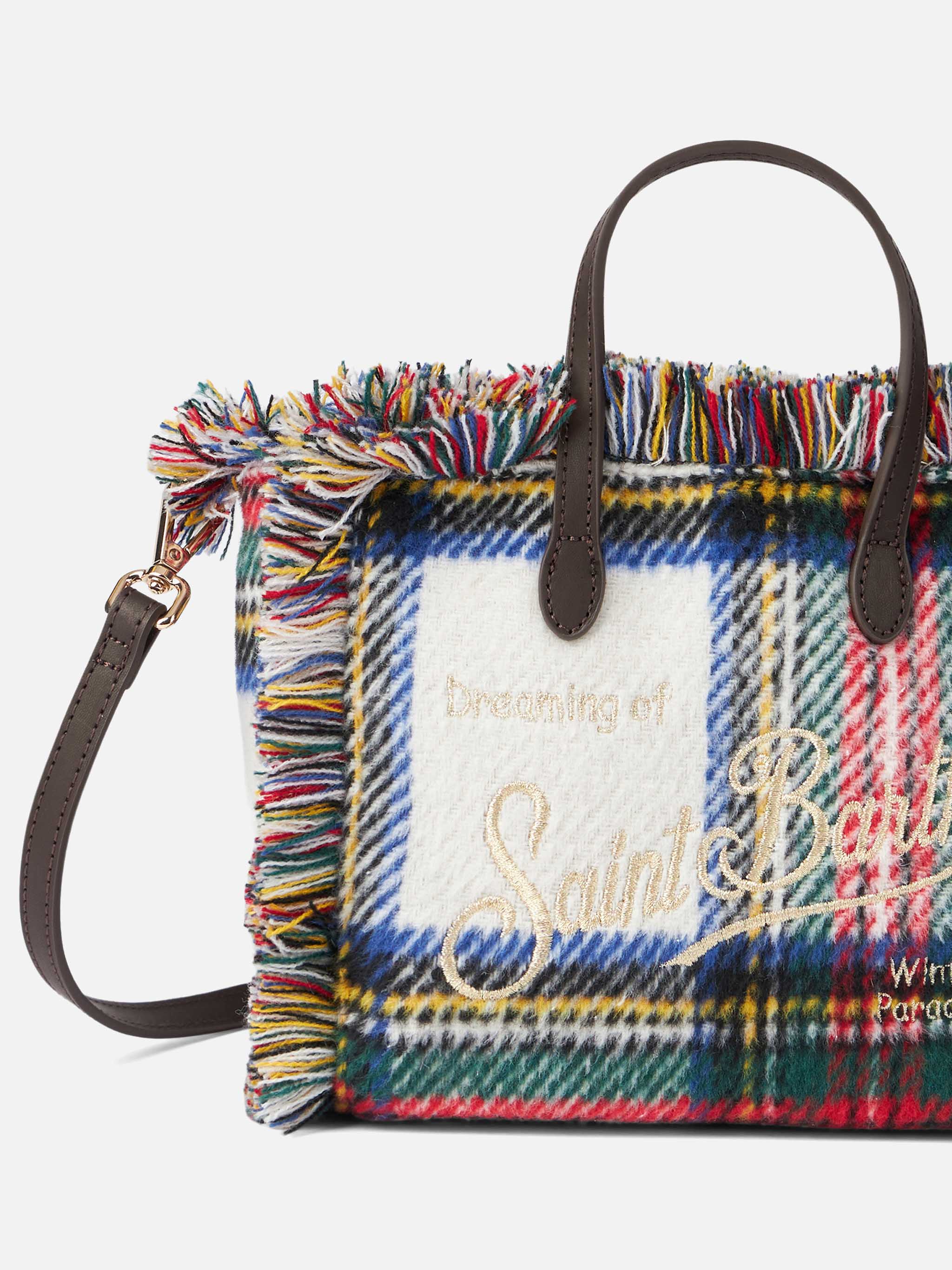 Mini Vanity Winterhandtasche – Weißer Tartan-Wollstoff, Fransen, Saint Barth Logo & abnehmbarer Schulterriemen | MC2 Saint Barth