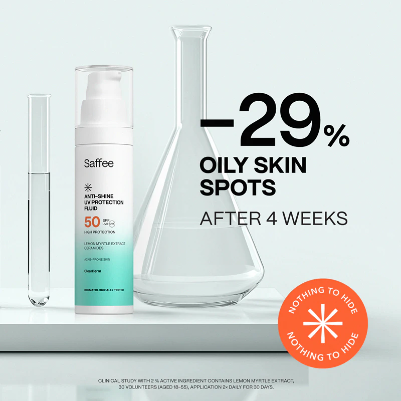 Saffee ClearDerm Ochranný fluid proti lesku pleti s UV ochranou SPF 50 pre mastnú pleť so sklonom k akné