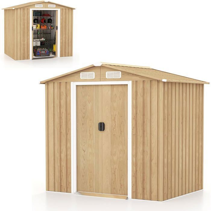 Caseta de jardín metálica galvanizada COSTWAY de 2,78 m² (196 x 142 x 186 cm) - Puertas correderas, pasamanos - 4 rejillas de ventilación - Color imitación madera