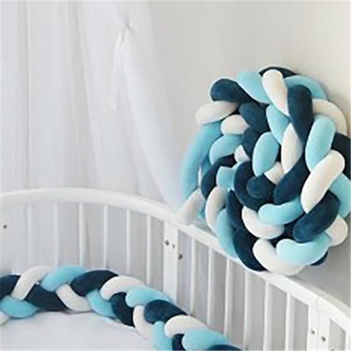 3M Cot Bumper Snake Pillow Braided Cushion Velvet Bumper Baby Protection - White+Green+Dark Blue
