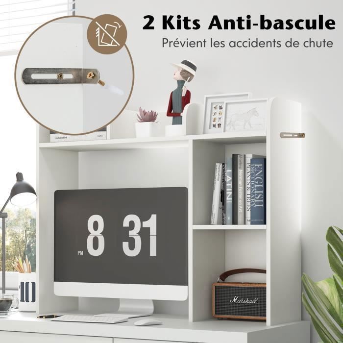 COSTWAY Étagère Bibliothèque à 3 Niveaux 94x25x74 CM, Organisateur Rangement de Bureau avec 2 Dispositifs Anti-renversement Blanc