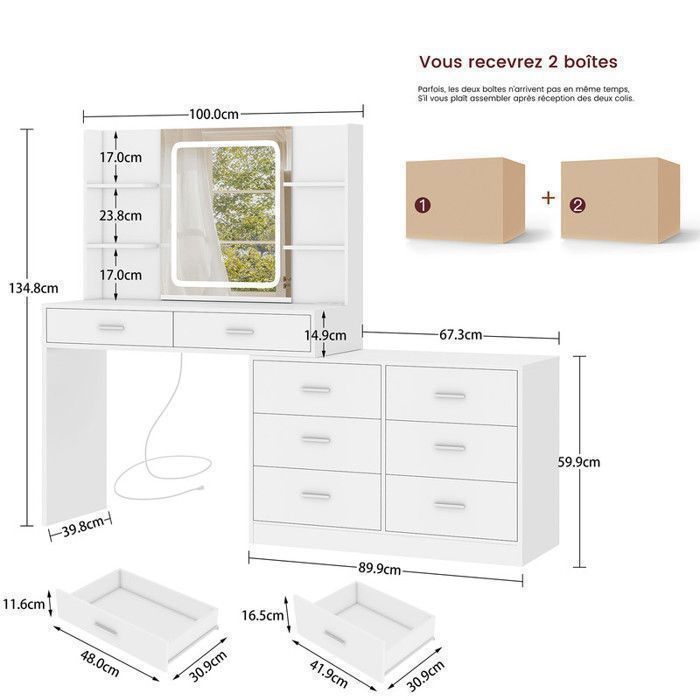 TEENFON Dressing Table with LED Mirror and Charging Station, Corner Dressing Table with 8 Drawers and 4 Shelves, (100+90)*40*135cm, White