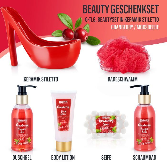 BRUBAKER Cosmetics - Set Bagno e Bellezza - Mirtillo Rosso - 6 Pezzi - Dispenser Decorativo - Rosso - Idea Regalo per Donne