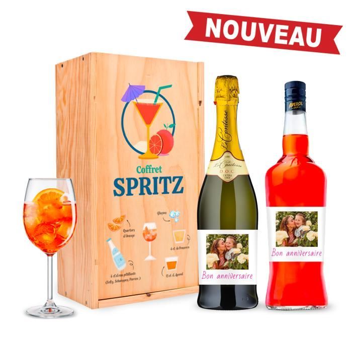 SPRITZ Alcohol Gift Set - Complete cocktail set with wooden crate, 1 bottle of Prosecco & 1 bottle of Aperol [Gift aperitif kit]