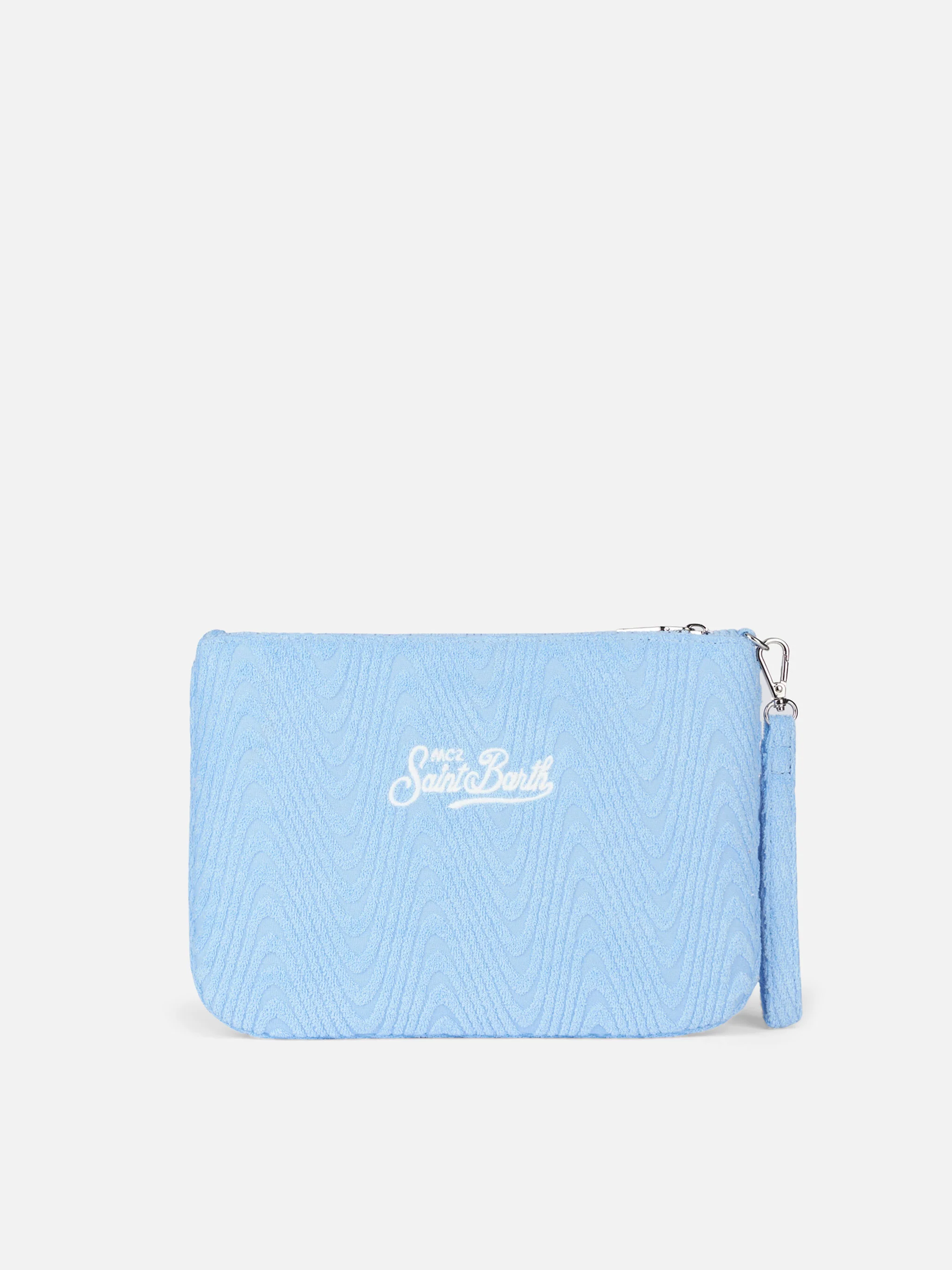 Parisienne Sponge Pouch Bag with Light Blue Terry Striped Print, Saint Barth Logo Embroidery, Zipper Closure & Wrist Strap | MC2 Saint Barth