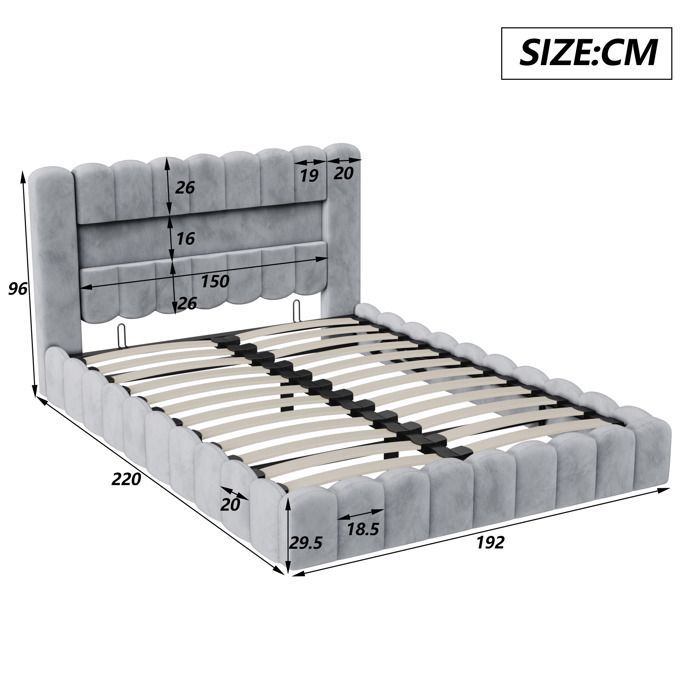 Letto contenitore - PERGAR - 180 x 200 cm - Lino grigio - Rete a doghe inclusa - Porta USB e LED per riporre oggetti