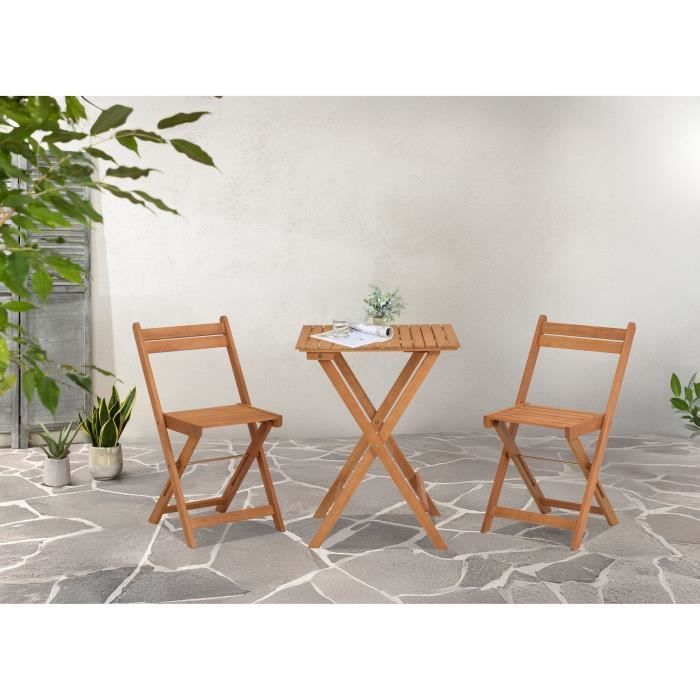 Conjunto de bistró de madera de acacia con certificación FSC - SAVANA - 1 mesa cuadrada de 60 x 60 cm y 2 sillas plegables - 2 personas