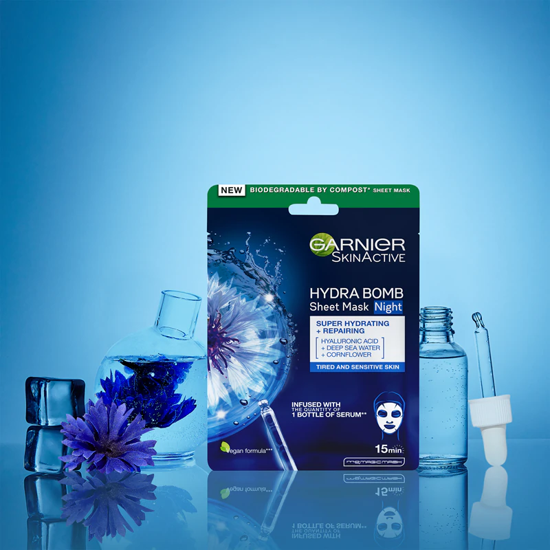 Máscara facial noturna nutritiva Hydra Bomb da Garnier Textil Masks