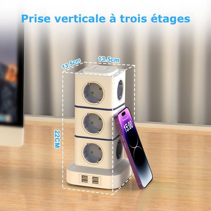2500W Tour Multiprise Électrique,Tour Multiprise Parafoudre avec 12 Prises et 4 Ports USB,Multiprise USB-3 Interrupteurs Individuel