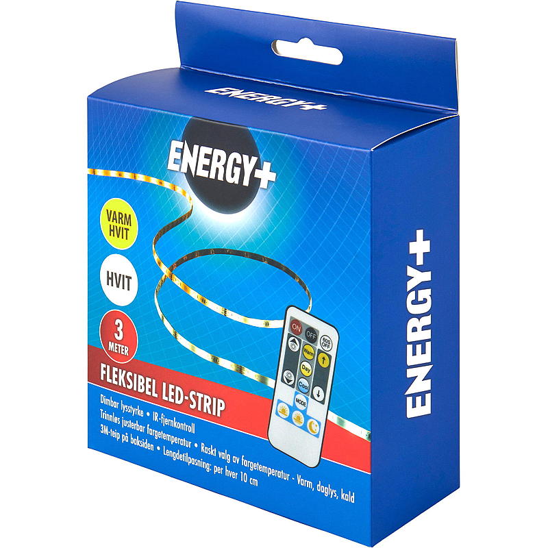 Tira LED de bajo consumo de 3 m, regulable, luz blanca cálida.