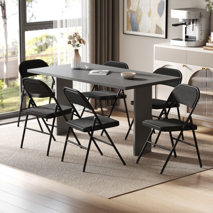 Lot de 6 chaises pliantes - HOMCOM - portables - coussin en lin et - cadre en acier noir