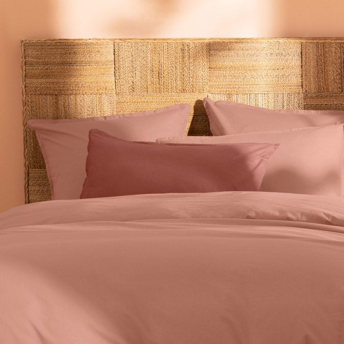 Jogo de roupa de cama de casal lisa com fronhas com babados, 100% algodão - FOSCO & ROSE - ALGODÃO LAVADO - Rosa Nude - 260x240+2x65x65 cm