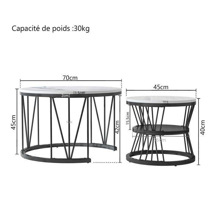 Salontafel voor de woonkamer - Marmerhout en metalen poten - Stapelbare salontafel - Rond - D 70/45 x H 45/40 cm - Zwart en wit