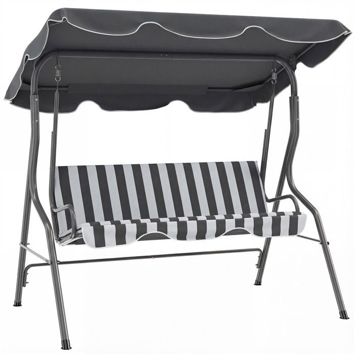 Columpio de jardín Outsunny - 3 plazas - Toldo impermeable - Inclinación ajustable - Cojines para asiento y respaldo - Rayas grises y blancas