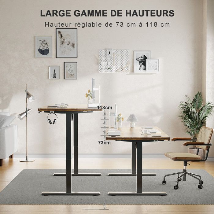 Bureau Assis Debout Électrique 120x60cm Torréfié - Hauteur Réglable (73-118cm) - Moteur Silencieux avec Mémoire et Ports USB