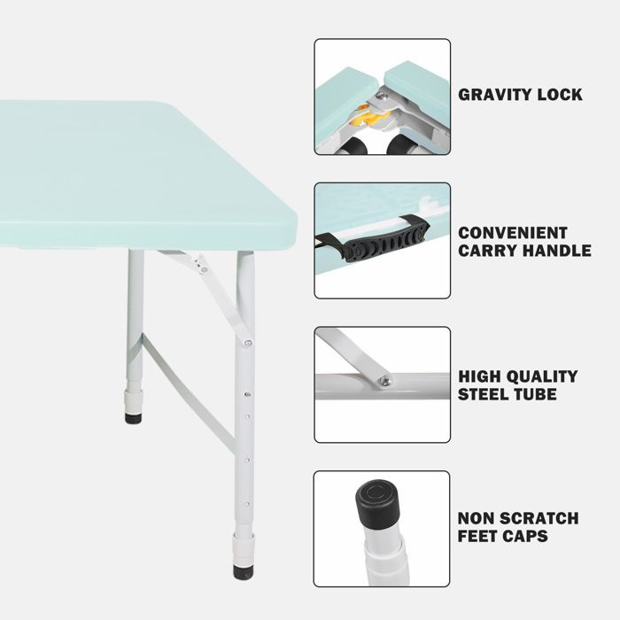 Mesa dobrável portátil de 125 cm com altura ajustável até 135 kg, na cor azul.