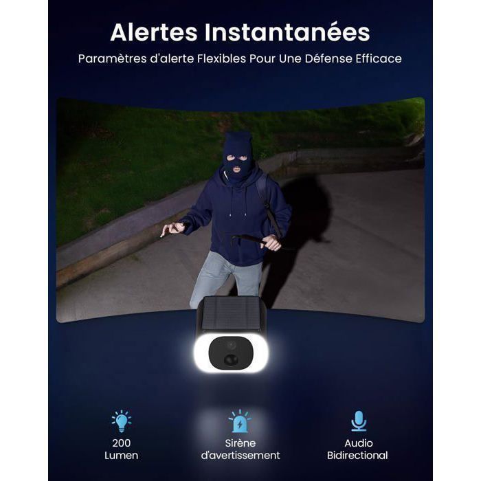 2K Camera Surveillance WiFi Exterieure sans Fil - Camera Exterieur Solaire WiFi sur Batteries, Panneau Solaire Integree, IP66