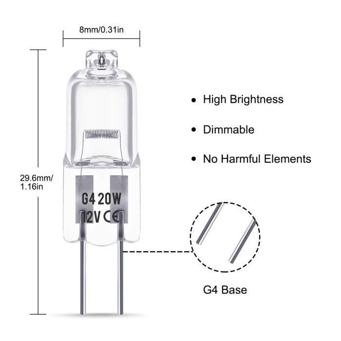 Bombillas halógenas G4, 12V 20W, base de clavija, luz blanca cálida 3000K, 350LM, regulables, paquete de 10