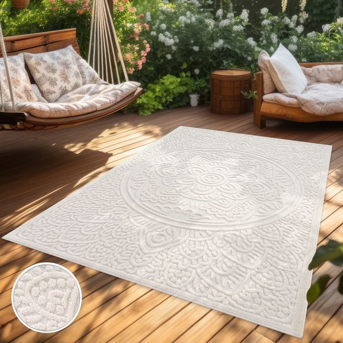 Paco Home Tapis Salon Chambre Adulte Poils Ras Motif Boho Motif Oriental Motif Fleuri Crème Crème 80x150 cm