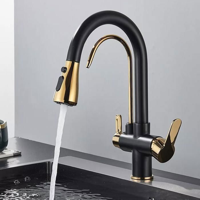 JUNSOTTOR Kitchen Faucet - 360° Swivel - Pull-Out Spray Head - Mixer Tap - Single Lever for Hot and Cold Water - Black