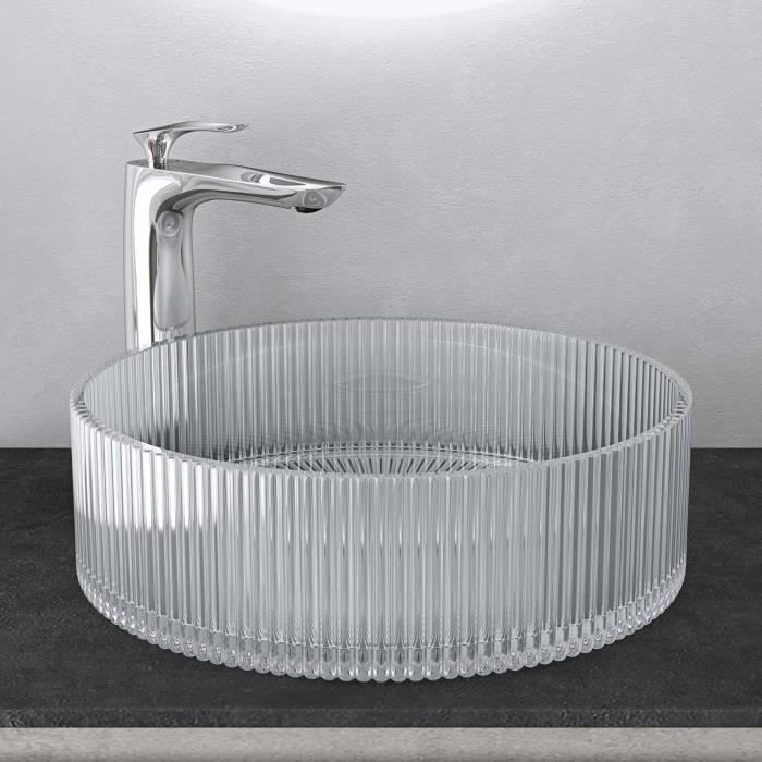 Mai & Mai Lavabo en Verre Transparent Rond Lave-Mains Vasque Verre à Poser Salle de Bain Toilettes pour Invités 40x40x12 cm Min01