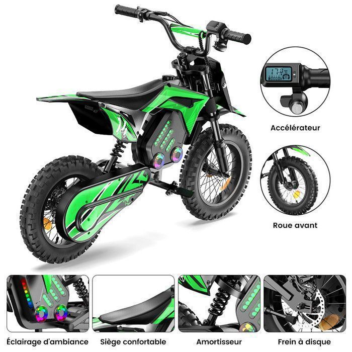 Moto électrique pour enfants A14 Vert, 500W, 3 Vitesses 8-27KM/H, Pneus 14’’ tout-terrain, Autonomie 22 km, Bluetooth, Amortisseurs