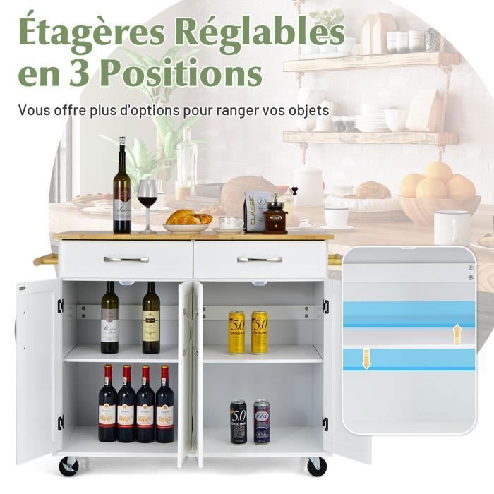COSTWAY Desserte de Cuisine à Roulettes - 2 Tiroirs, 2 Armoires à Double Porte, Étagères réglables - îlot Chariot de Cuisine -