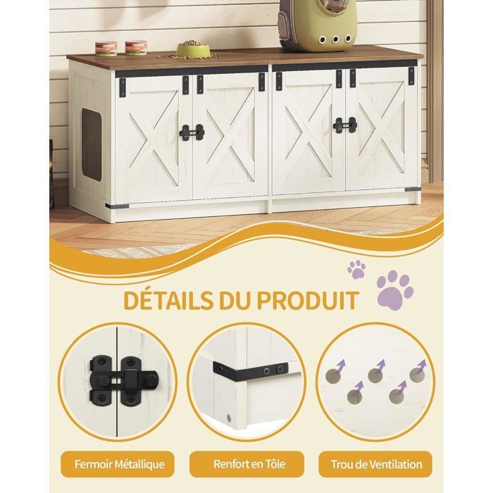 Casita para arenero de gatos, para 2 gatos, armario oculto para arenero, casita para gatos de interior, color marrón rústico y blanco.