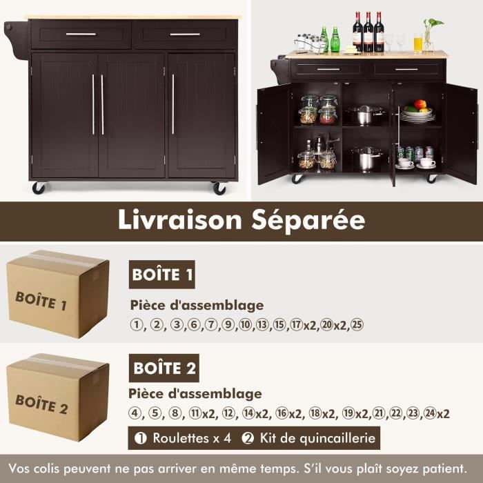 COSTWAY Desserte-Chariot de Cuisine à Roulettes, Îlot de Cuisine avec Porte-Couteau, Porte-Serviettes, 3 Portes et 2 Tiroirs, Café