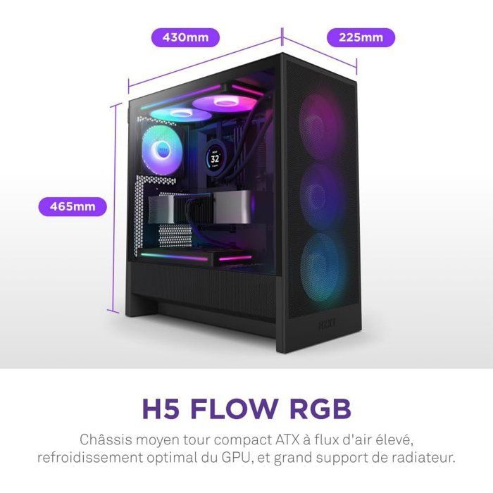 NZXT CC-H52FB-R1 Kompaktes ATX-Midi-Tower-Gehäuse – H5 Flow RGB mit RGB-Lüftern – Schwarz