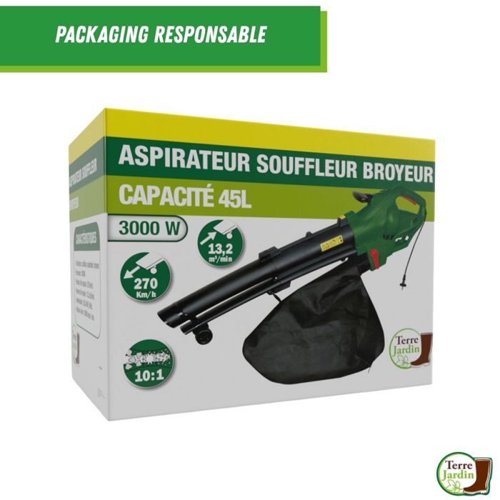Soffiatore/aspiratore/trituratore con filo da 3000 W - Pulizie di primavera - Patio, giardino, prato - TERRENO DA GIARDINO - 270 km/h - Sacco da 45 l