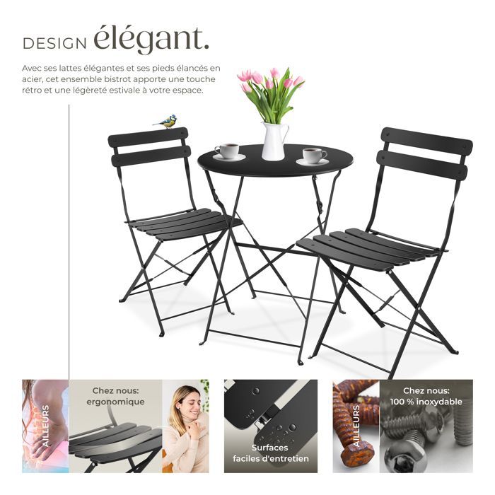 Conjunto de mesa y sillas de jardín - TECTAKE - Juego de 2 sillas plegables de bistró FRIEDA para 2 personas - Negro