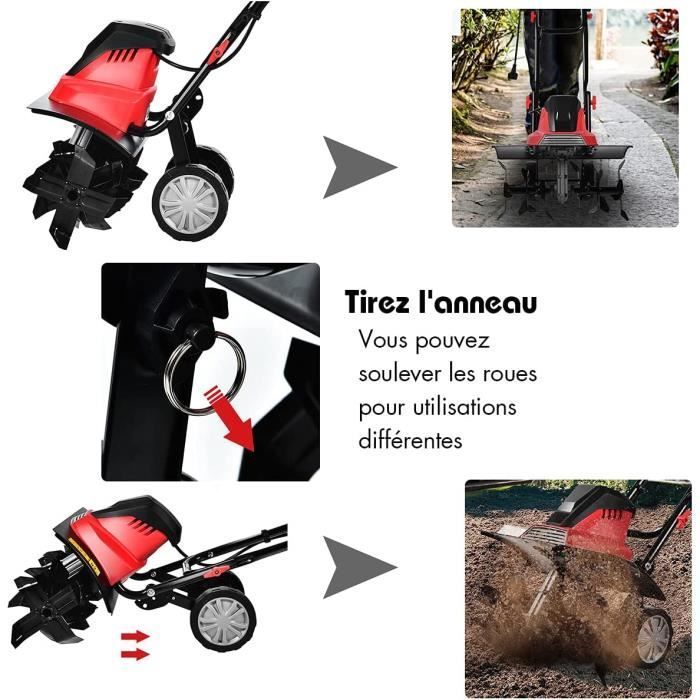 RELAX4LIFE Motobineuse Électrique 1500 W à 400 RPM, Largeur de Travail 43 CM et 6 Lames, Poignée Pliable et Bouton de Sécurité