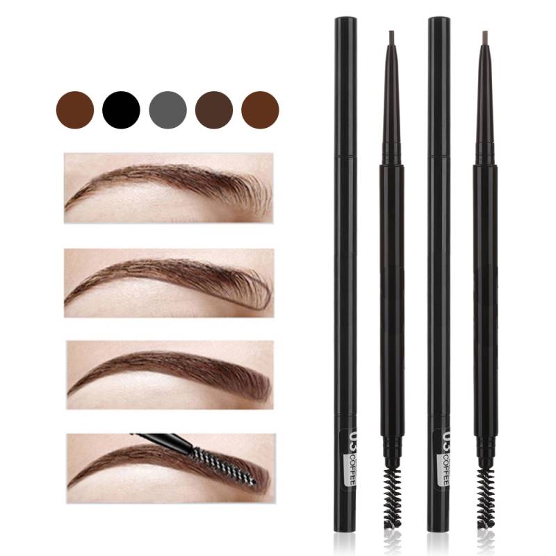Lápiz para Cejas Súper Fino de Doble Punta: Incluye Cepillo, Impermeable y de Larga Duración; Efecto Tatuaje en Tonos Negro y Marrón (5 Colores)