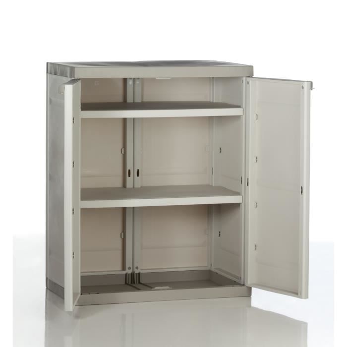 TITANIUM PLASTIKEN Armoire basse 2 portes avec étagères l70 x p44 x h88 cm Beige et Taupe Gamme TITANIUM Intérieur/Extérieur