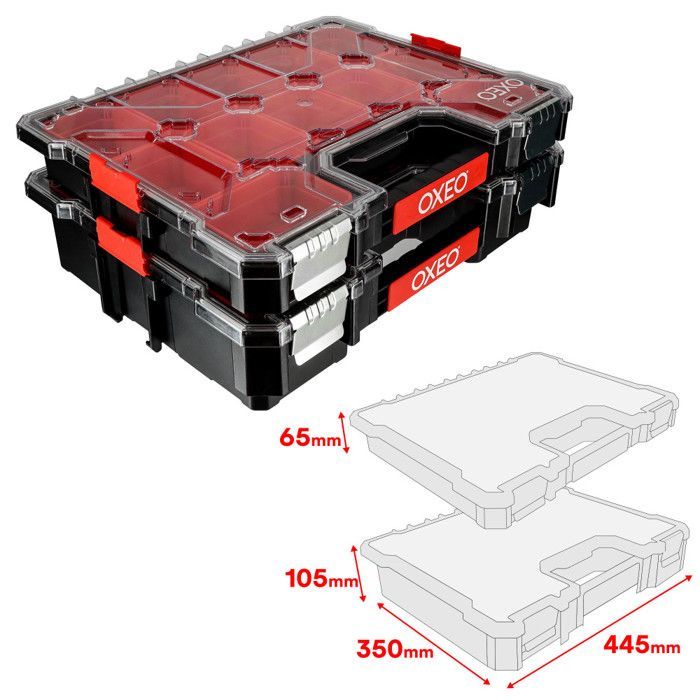 Juego de 2 estuches organizadores apilables - 2 x 12 compartimentos extraíbles - resistentes a los golpes - 2 profundidades