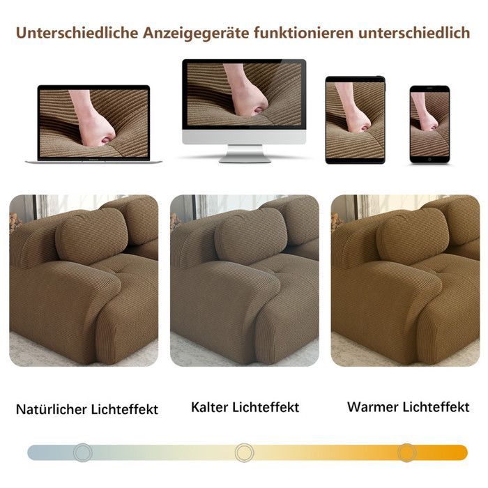 Modulares 3-Sitzer-Sofa aus Cord – 298 x 103 x 75 cm – Braun – Keine Montage erforderlich – Ergonomische Armlehnen