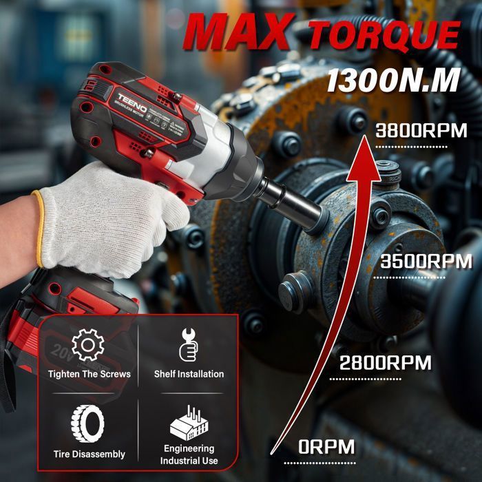 Llave de impacto inalámbrica sin escobillas TEENO de 20 V - 1300 Nm - 1/2