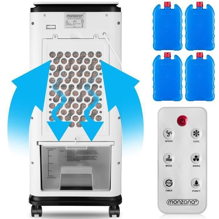 Enfriador de aire portátil 4 en 1 con control remoto, 3 velocidades, ventilador, ionizador, humidificador, purificador de aire, 7 litros.
