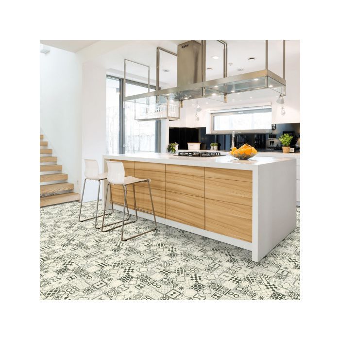 Suelo vinílico con diseño de baldosas de cemento envejecidas en blanco y negro - rollo de 3 m x 2 m