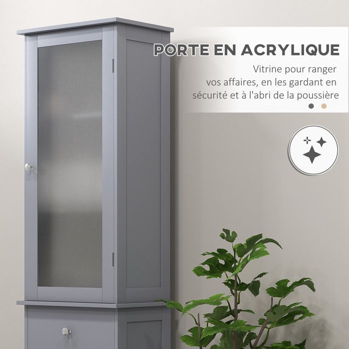 Meuble Colonne de Salle de Bain kleankin Placard Porte Acrylique 2 étagères Placard Porte 1 étagère tiroir MDF Gris