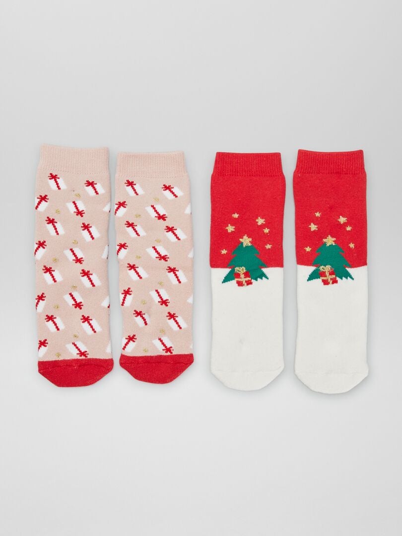 Meias de Natal com estampa de 'Árvores' e 'Presentes' - Conjunto com 2 pares - VERMELHO